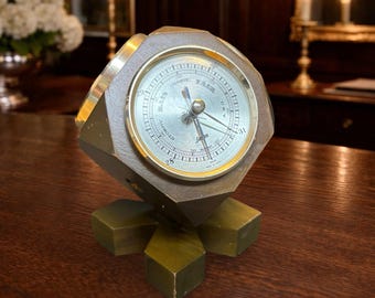 Hexagonal Brass Weather Station With Barometer Thermometer & Hygrometer - Vintage Desktop Design