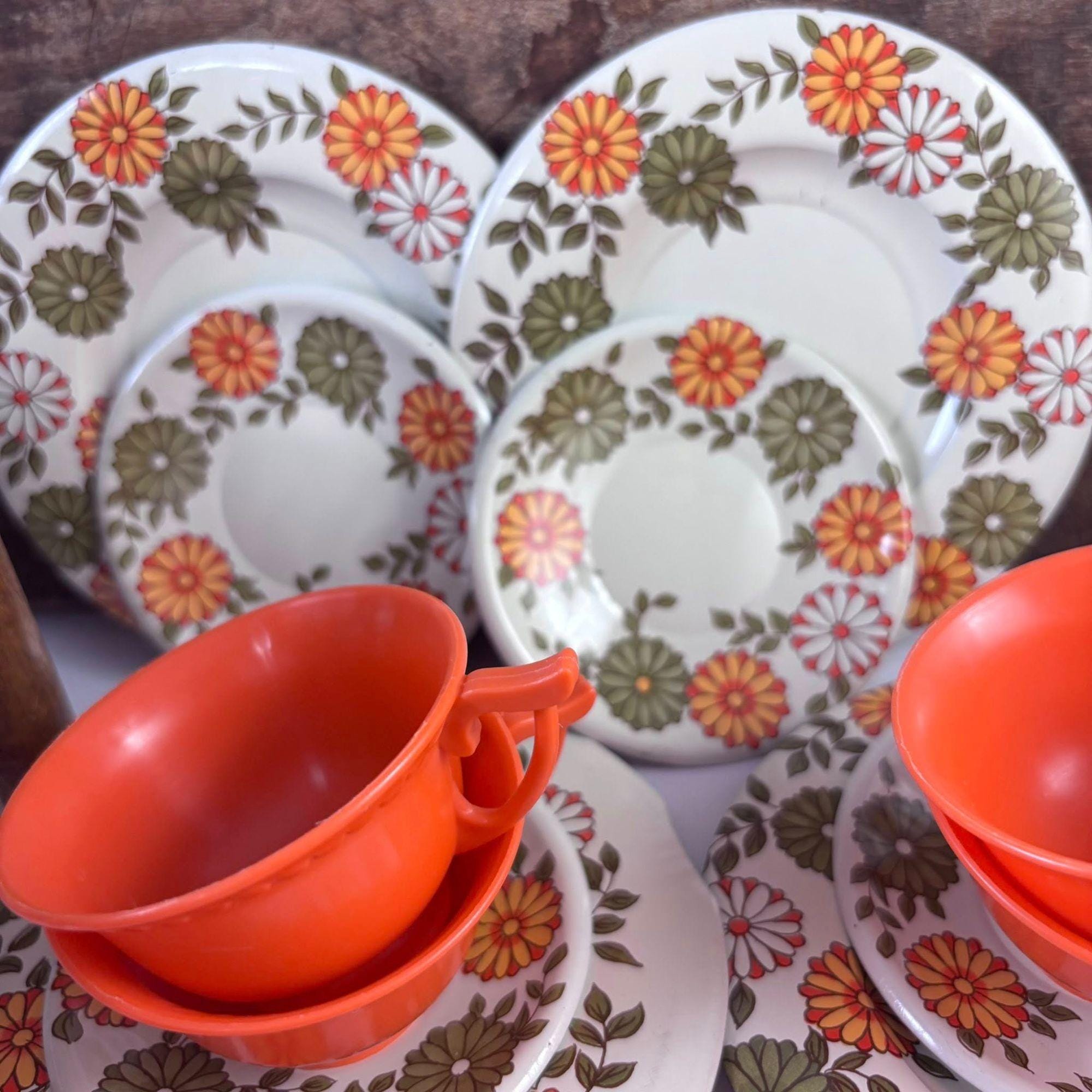 Vintage 1960s Child's Tin Tea Set | Harvest Orange Floral Toy