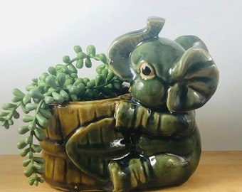 Vintage Majolica Green Elephant Planter MCM Lucky Trunk up 3.75” - Etsy