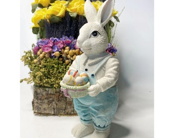 Tall Heavy Easter Bunny with Basket of Eggs Vintage Over 7 Inches Farmer Bib Overall Resin