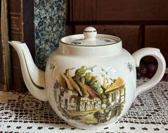 Vintage Price Kensington England Teapot Cottage Village Green Trim English Pottery Tea Pot with Lid Country Farmhouse Decor