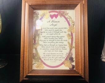 Vintage "A Human Angel" Wood Framed Pressed Flowers and Friendship Calligraphy Poem, Art  Table top or Wall Decor