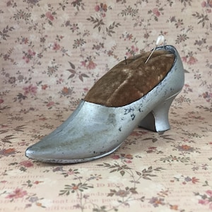Antique Pin Cushion Metal Lady Shoe High Heel Velvet Cushion plus Pins as Found Pincushion