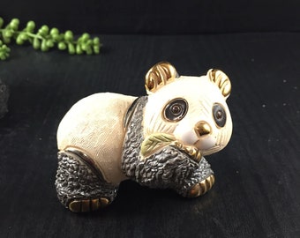 Vintage DeRosa Artisania Riconada Panda Figurine Eating Leaf Bamboo Hand Carved Gold Trim F303