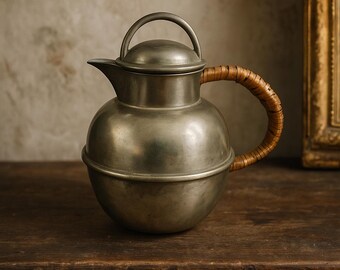 Vintage Pewter Mini Pitcher with Rattan Handle • 5″ Rustic Cottage, Farmhouse Décor Rustic Vessel