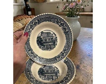 Vintage Royal China Colonial Heritage Blue Soup Bowls | Set of 2 | House Transferware | Blue & White Farmhouse Decor