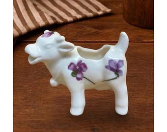 Vintage Cow Porcelain Creamer With Violets Floral Design Miniature Size Antique Style