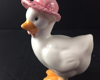 White Duck with Pink Hat Glazed Porcelain Duckling Easter Farm Spring Decor Over 3 Inches tall Ceramic