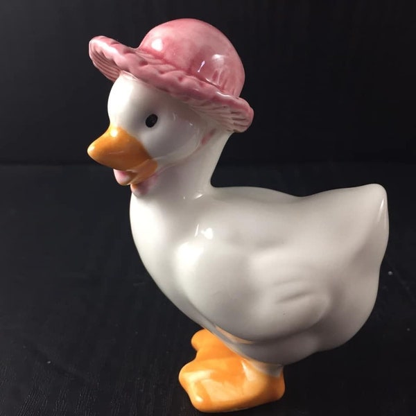 White Duck with Pink Hat Glazed Porcelain Duckling Easter Farm Spring Decor Over 3 Inches tall Ceramic