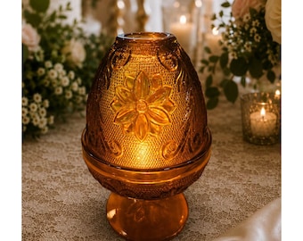 Vintage Amber Fairy Lamp by Tiara Exclusives | Indiana Glass Floral Candle Holder | Cottagecore Decor | Warm Moody Glow | 1970s Glass