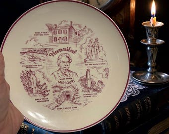 Vintage Hannibal Missouri Mark Twain Souvenir Plate 7.25" | Red Transferware | Americana Literary Decor | Tom Sawyer Huck Finn