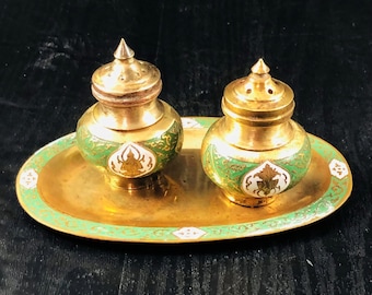 Vintage Cloisonne Enameled Brass Salt & Pepper Shakers W/ Tray Buddhist Buddha