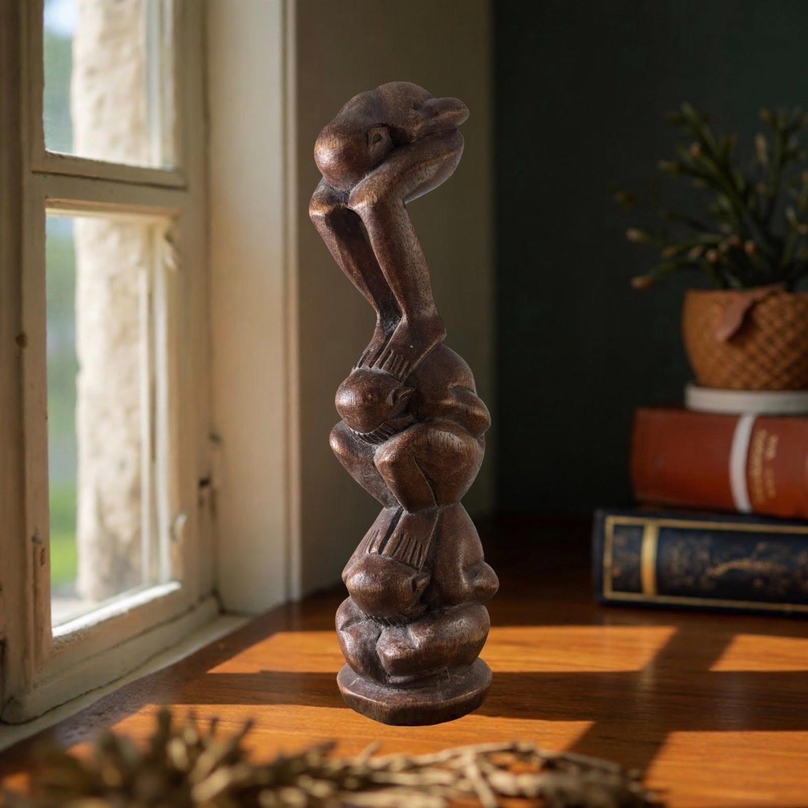 Hand Carved Wood Triple Weeping Buddha Sculpture Abstract Wooden