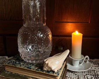 Vintage Embossed Glass Tumble Up Carafe Set | Victorian Bedside Water Decanter & Cup | Cottage Bedroom Decor | Elegant Clear Glass
