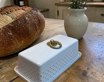Better Homes and Gardens White Ceramic Butter Dish With Brass Ring Handle Dotted Texture