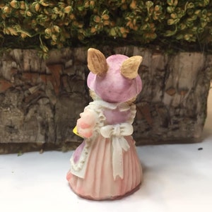 Small Enesco Vintage Resin Bunny Rabbit Lady Long Dress Apron Ruffled Bonnet Watering Can Label image 3