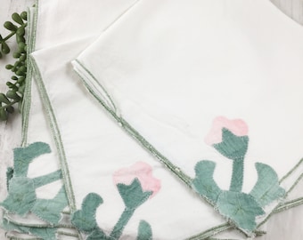 4 Vintage Chic White Napkins with Pink and Green Shabby Appliqued Flowers (8 available)