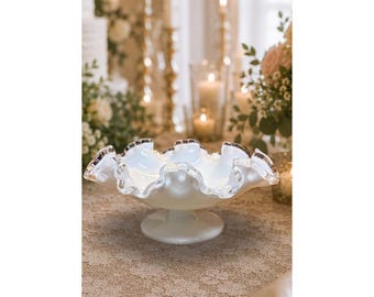 Fenton Milk Glass Bowl Silver Crest Ruffled Edge Pedestal Compote Candy Dish