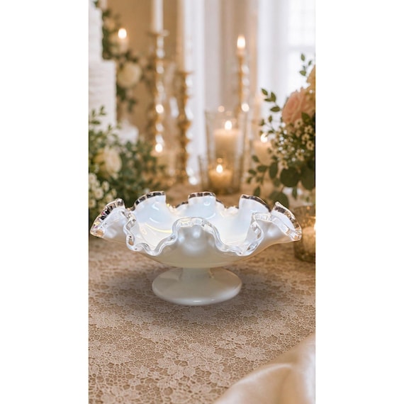 Fenton Milk Glass Bowl Silver Crest Ruffled Edge Pedestal Compote