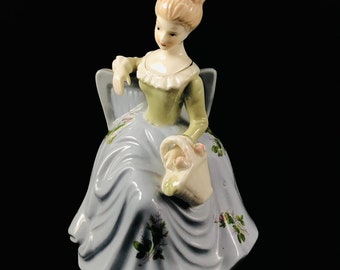 vintage Lady Figurine in Blue Long Full Dress and Basket 6.5" Tall Porcelain Figure Tea Roses