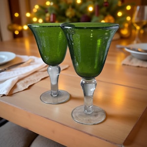 Vintage Blown Glass Goblet Set – Green with Clear Stems Glassware (Pair)