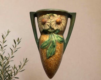 Vase mural Roseville Dahlrose 1259-10, vers 1928, grand modèle en céramique de style Arts & Crafts, à décor floral.
