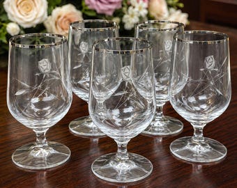 Set of 6 Vintage Crystal Goblets with Platinum Rim and Wheel-Cut Rose Etching, Libbey Rock Sharpe Style Mid-Century Stemware