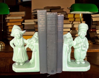 Vintage 1930s Celadon Ceramic Green Dutch Kids Children Bookends