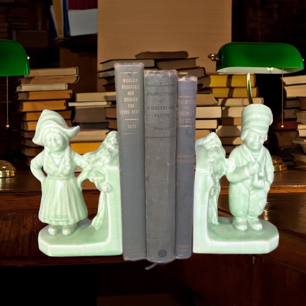 Vintage 1930s Celadon Ceramic Green Dutch Kids Children Bookends