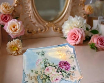 Plateau ancien en porcelaine de Limoges, France, peint à la main | Roses roses et violettes | Plateau de toilette français | Plat de service | Décoration champêtre