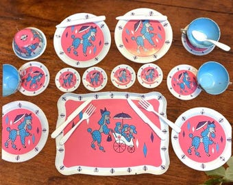 Vintage Ohio Art Childrens Tin Tea Set With Blue Poodle Design and Pink Background - 1950s Era 24 pcs