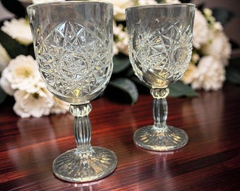 Vintage Libbey Cut Glass Goblet Set Of 2 With Hobstar Starburst Pattern & Ribbed Stem Elegant Tableware