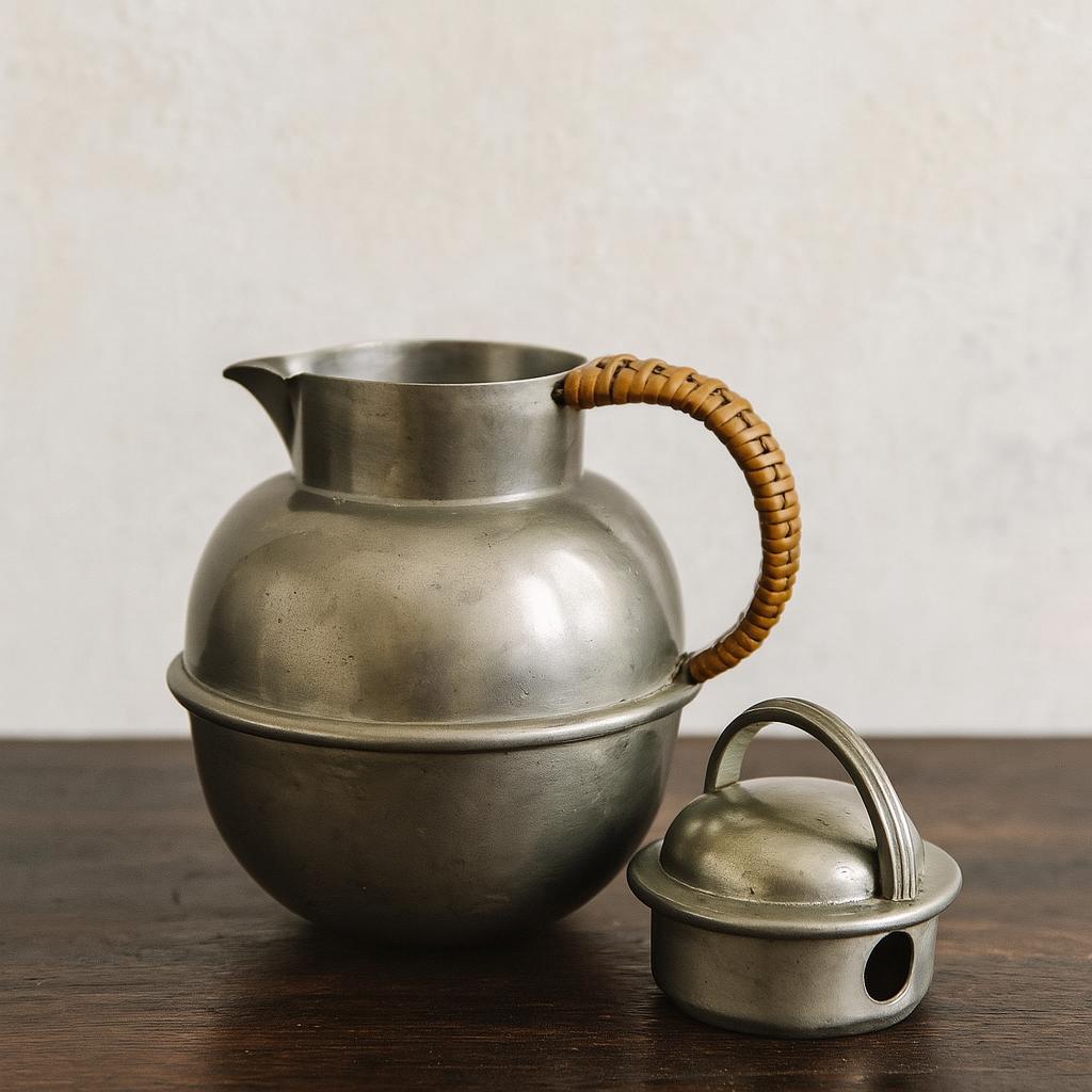 Vintage Pewter Mini Pitcher With Rattan Handle • 5″ Rustic Cottage