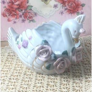 Vintage Ceramic Swan Trinket Dish Planter With Pink Roses Gold Accents