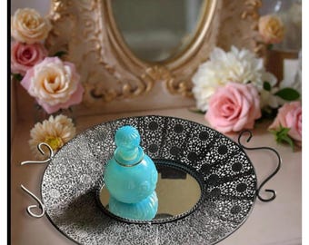Decorative Bella Lux Silver Filigree Vanity Tray With Mirror Center & Handles 14.5" X 10" X 2" Deep Vintage Style
