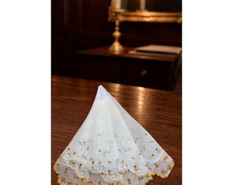 Vintage White Sheer Handkerchief With Yellow & White Embroidery Scalloped Edges 12" Square