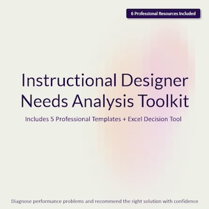 May include: A digital document titled Instructional Designer Needs Analysis Toolkit. It features the text 6 Professional Resources Included, Includes 5 Professional Templates + Excel Decision Tool, and Diagnose performance problems and recommend the right solution with confidence.