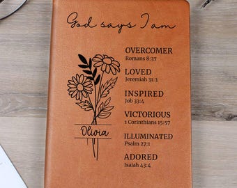 God Says I Am Leather Journal, Birth Flower Personalized Cover, Christian Affirmation, Prayer Notebook For Her, Encouragement Gift Idea