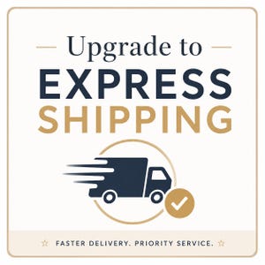 Op de afbeelding: Een afbeelding met de tekst "Upgrade to EXPRESS SHIPPING". Daaronder staat een marineblauwe bezorgtruck met een gouden vinkje. De tekst "FASTER DELIVERY. PRIORITY SERVICE." staat onderaan de afbeelding.