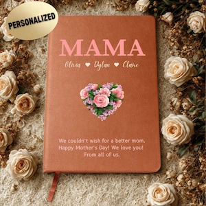 Diario del Día de la Madre, personalizado con los nombres de los niños, cuaderno de polipiel personalizado, regalo para mamá de parte de los niños, diseño de corazón floral