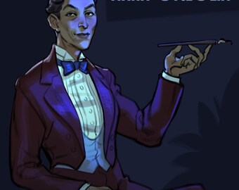 May include: A man in a burgundy tuxedo with a white shirt and a bow tie holds a paintbrush in his right hand. The background is dark blue with the text "ART OF TIANA OREGLIA" in white.