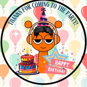 May include: A colorful birthday party favor featuring an orange cartoon character wearing headphones and a party hat. The character is standing next to a multi-layered cake and a star with the text "Happy Birthday". The background is a white pattern of colorful balloons.