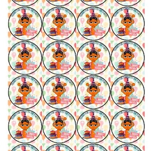 May include: Twenty-four round favor tags with a cartoon character wearing headphones and a party hat. The tags have a colorful background with balloons and the text "Thanks for coming to the party! Happy Birthday!"