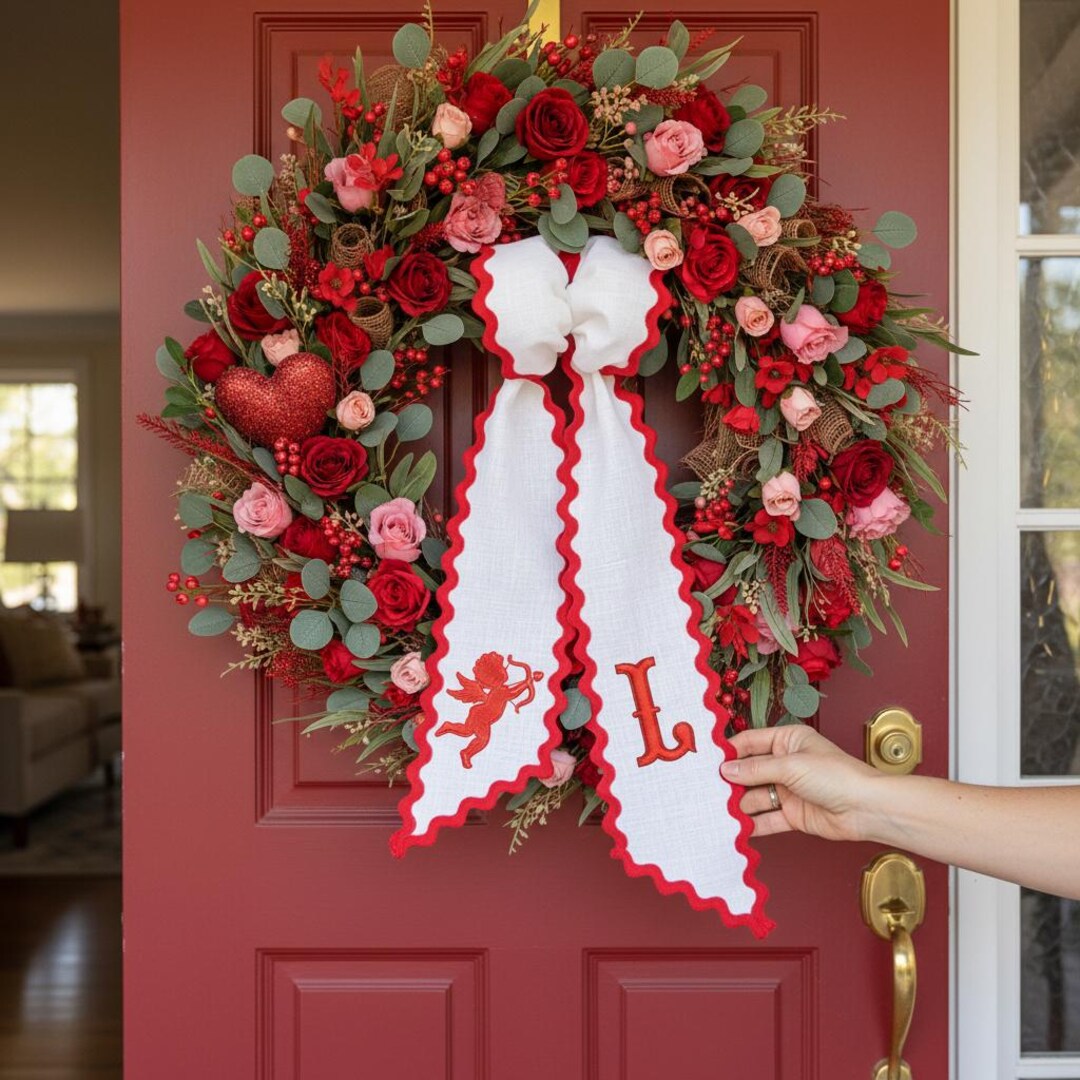 Valentines Wreath Sash Embroidered – Monogram Valentine’s Day Wreath ...