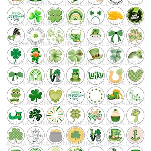 May include: A sheet of circular St. Patrick's Day designs featuring shamrocks, leprechauns, rainbows, and hats. Text includes "Happy St. Patrick's Day" and "Lucky". The colour scheme is green, white, and gold, perfect for celebrating the Irish holiday.