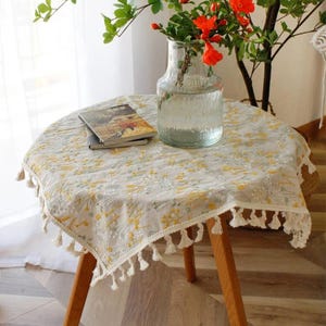 Embroidery tablecloth, flower Cotton linen tablecloth with tassel, Rectangle tablecloth, Floral tablecloth fringe edge