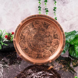 Turkish Handmade Copper Serving Tray,housewarming gift,Decorative Copper Tray With Stand,Ramadan Gift,tray, home gifts, coffee table decor