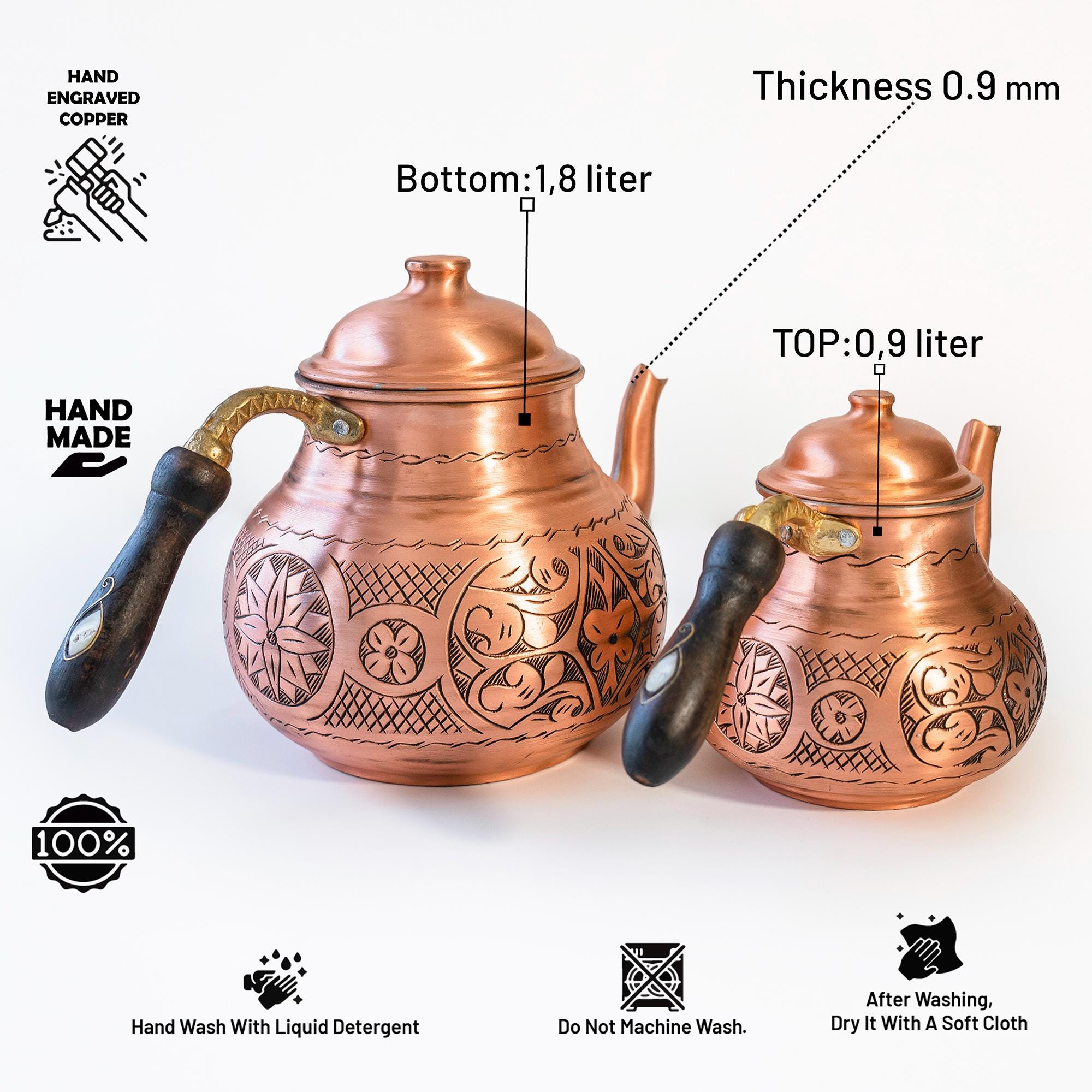 手作りの銅製トルコティーポットセット：彫刻入りティーケトル、木製 