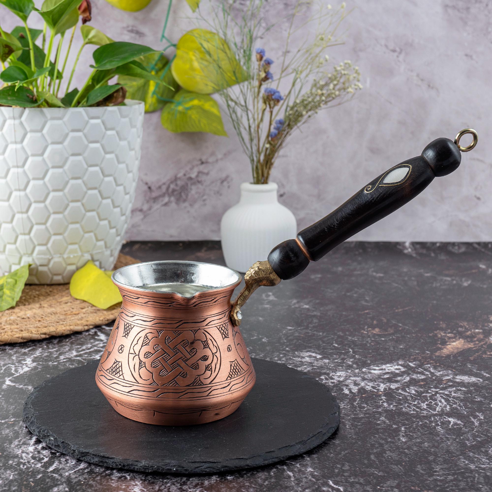 Handmade Engraved Copper Turkish Coffee Pot with Wood Handle