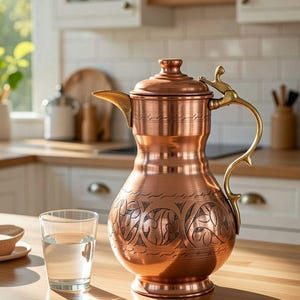 May include: A copper jug with an ornate handle and lid, displaying etched floral designs. A glass of water is placed next to it on a wooden surface. The kitchen setting includes white cabinets and a window.